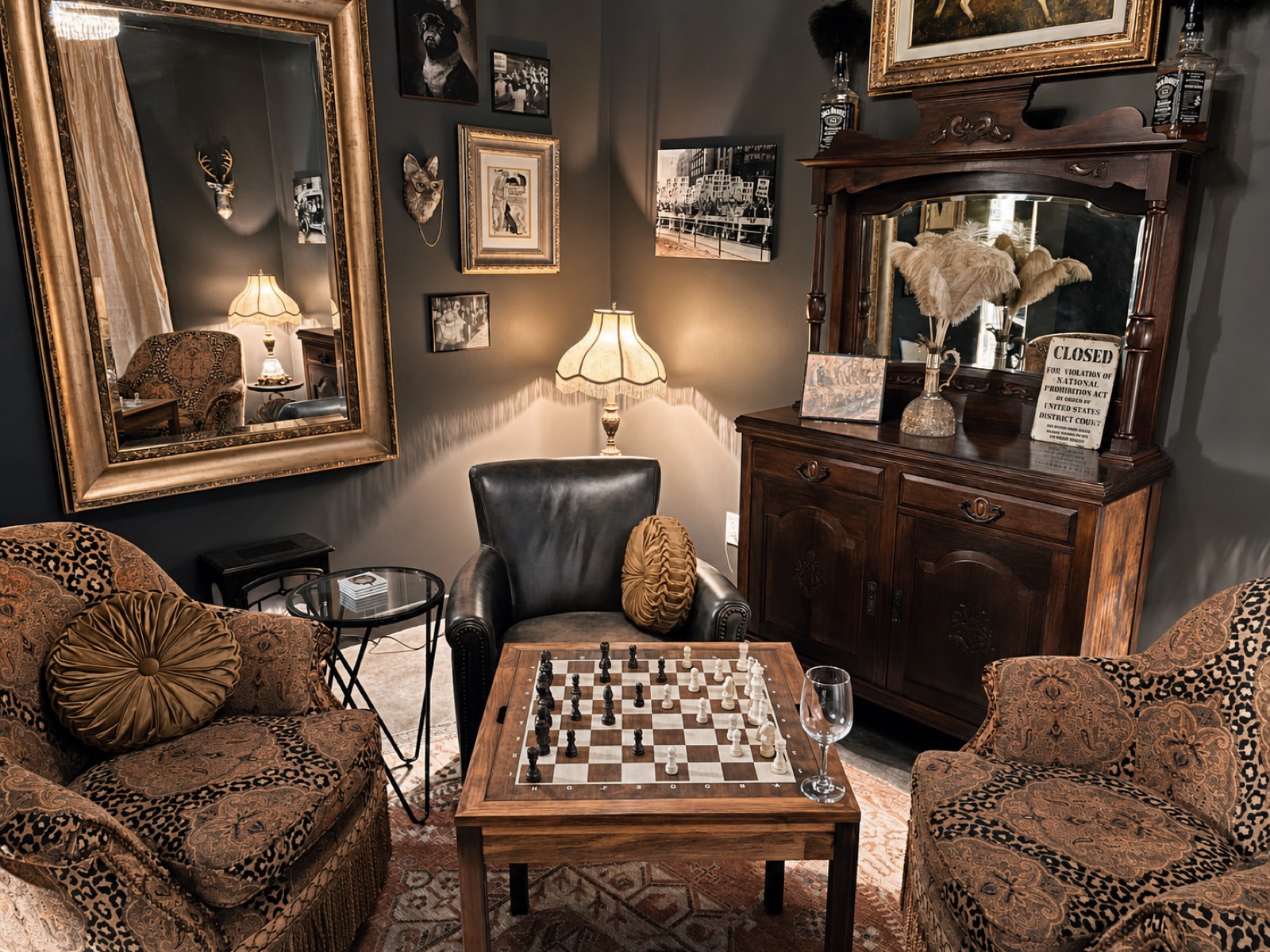 Hidden speakeasy behind a bookshelf door